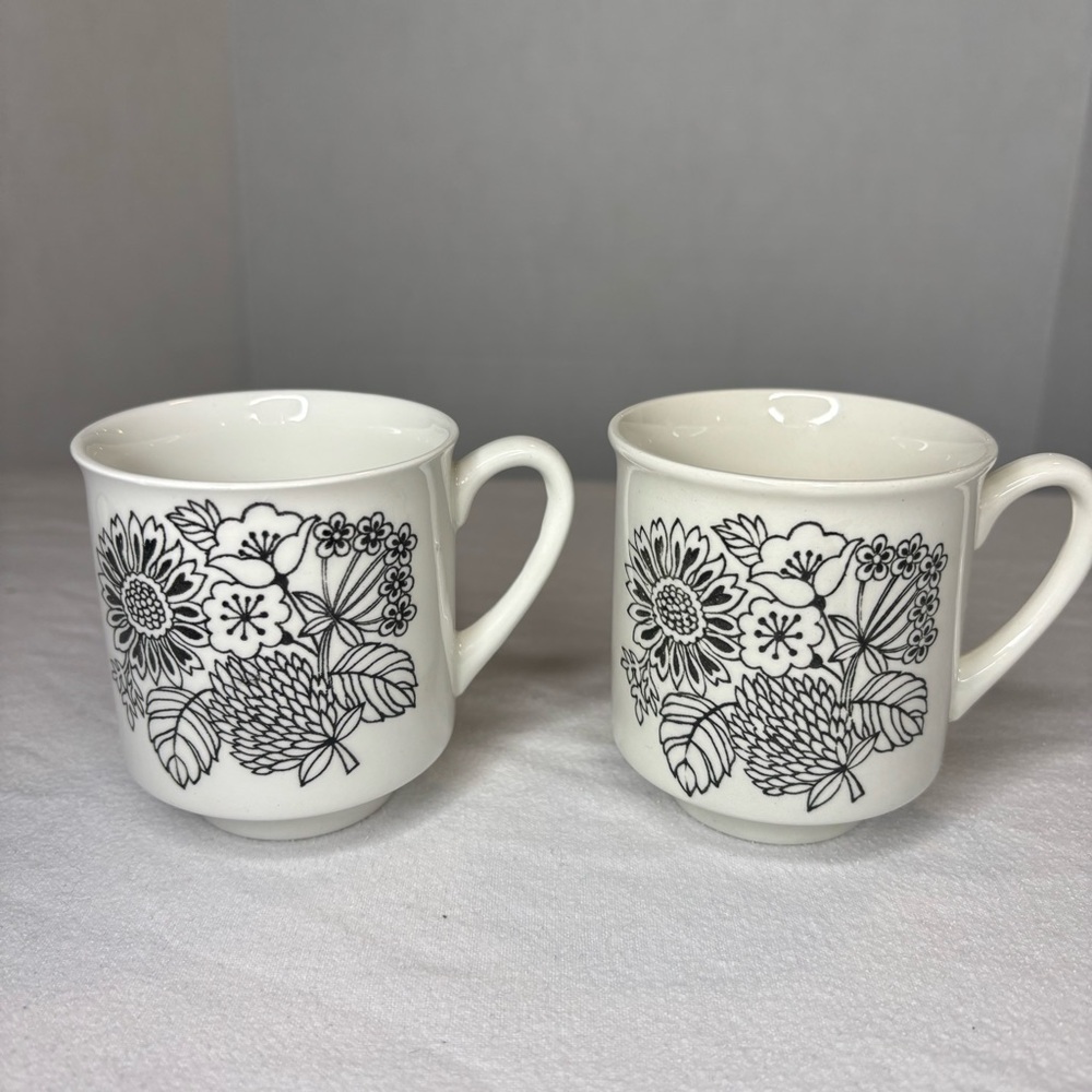 Vintage‎ Retro 70s Grindley Tea Dinnerware Ironstone England Black/White Floral.